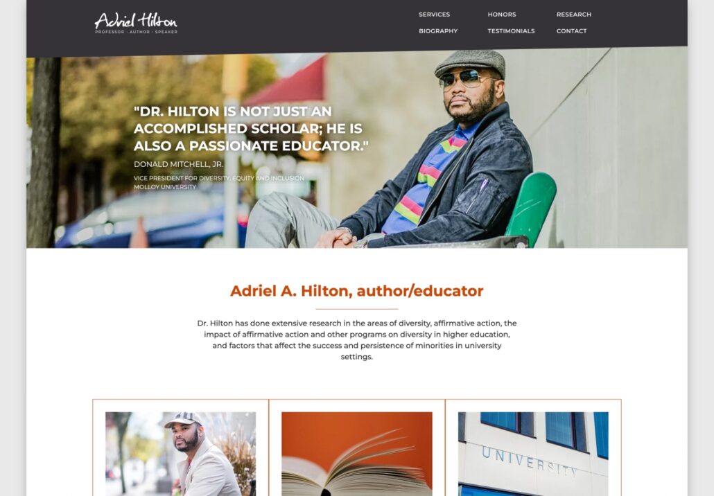 Adriel Hilton - Academic/Consultant Website - Homepage Screenshot